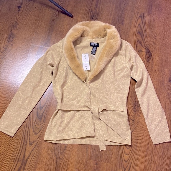 🌷 Mixit 🌷 Gold Sparkle Fur Trim Cardigan Sweater  NWT - Picture 2 of 10